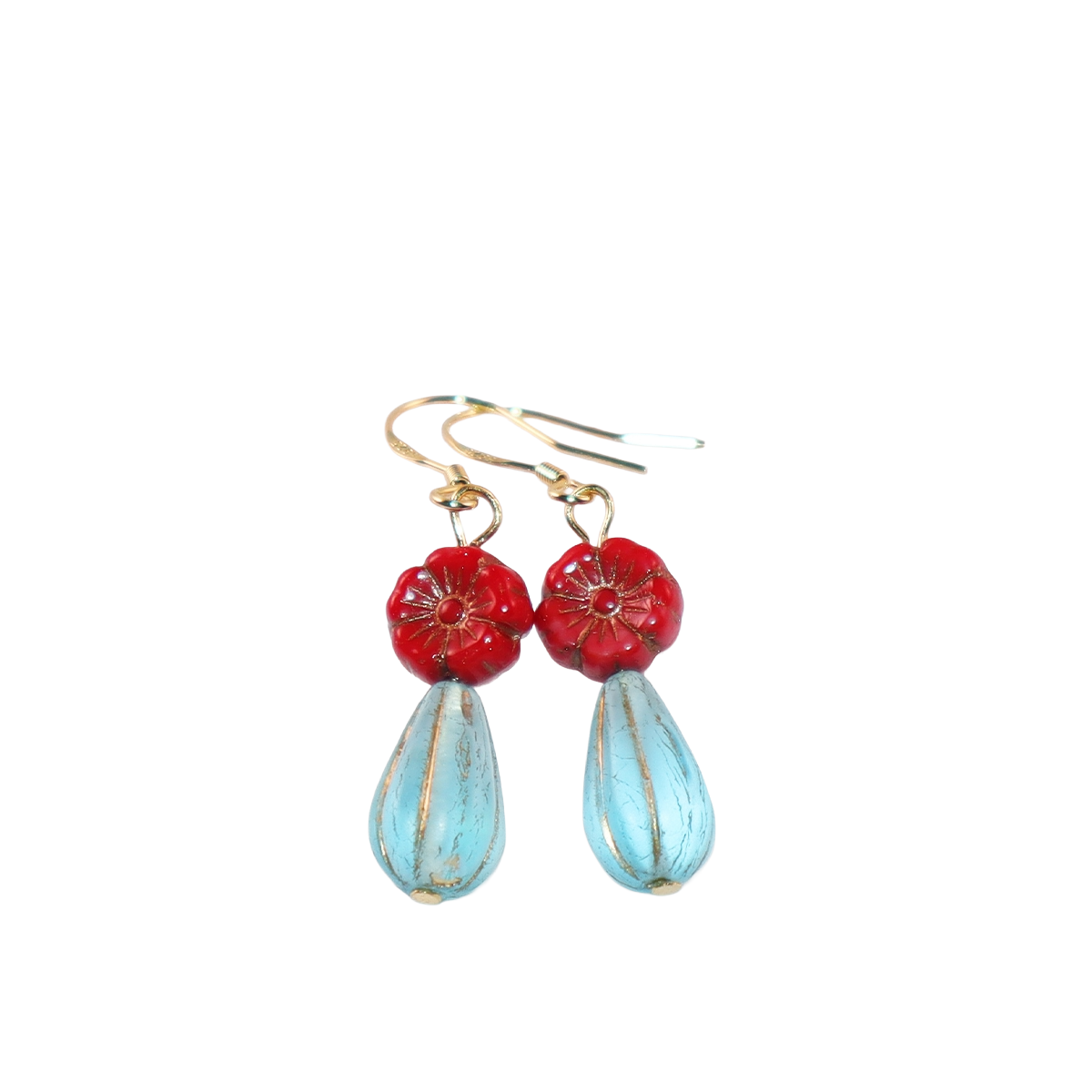 Red Floral Beaded Earrings – Red Flower with Blue Beads