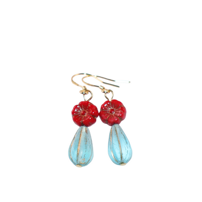Red Floral Beaded Earrings – Red Flower with Blue Beads