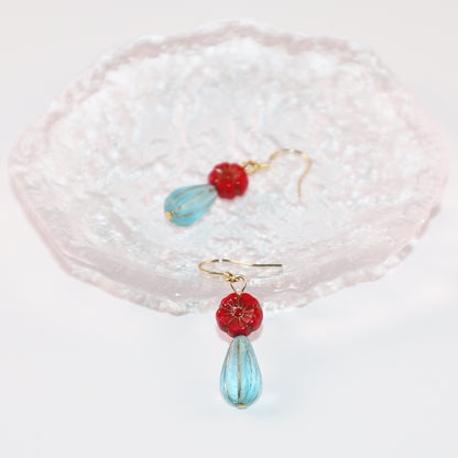 Red Floral Beaded Earrings – Red Flower with Blue Beads
