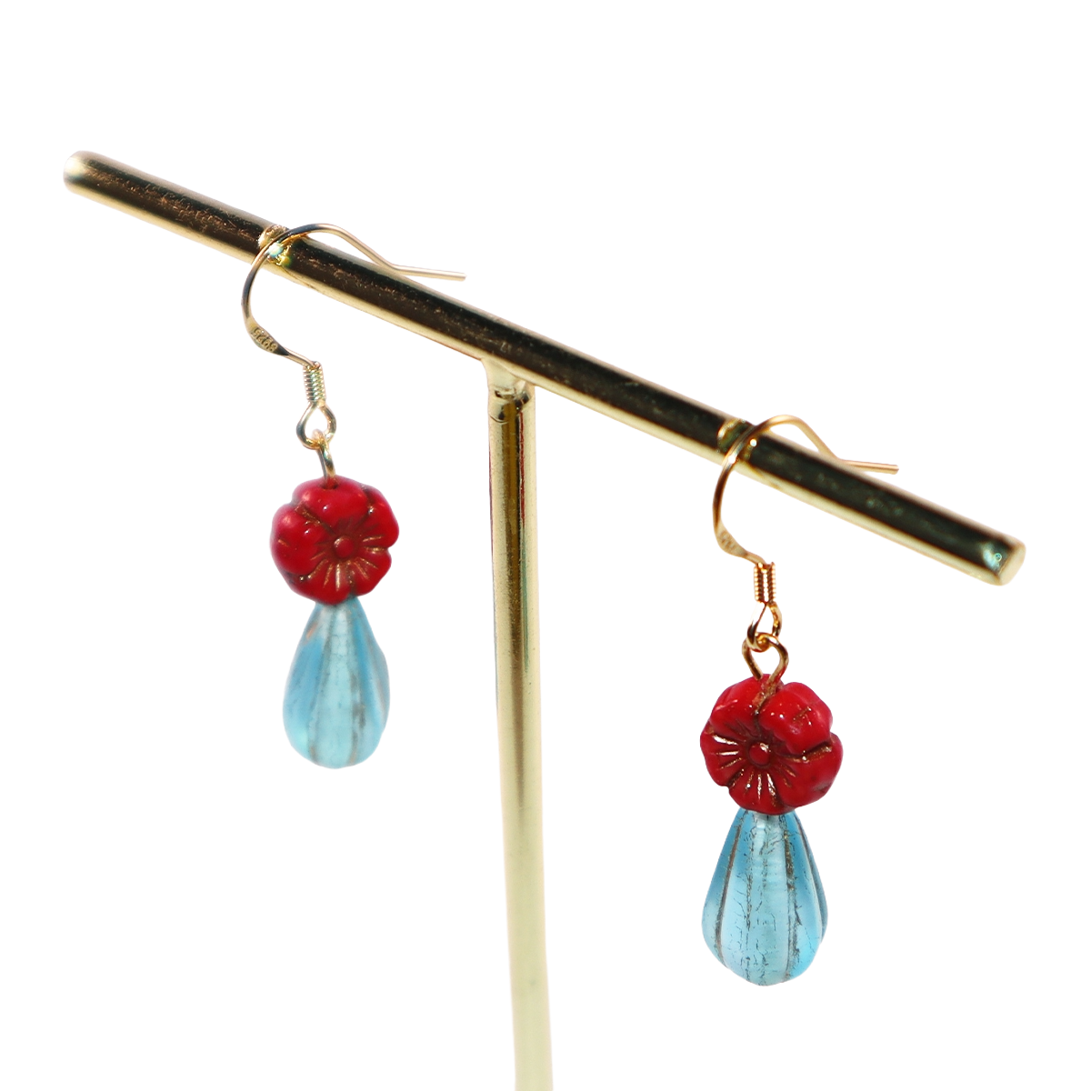 Red Floral Beaded Earrings – Red Flower with Blue Beads