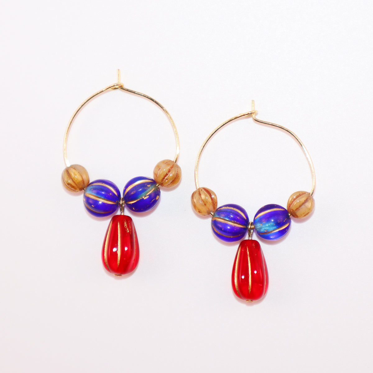 Red Pendant Beaded Hoop Earrings – Blue and Brown Beads