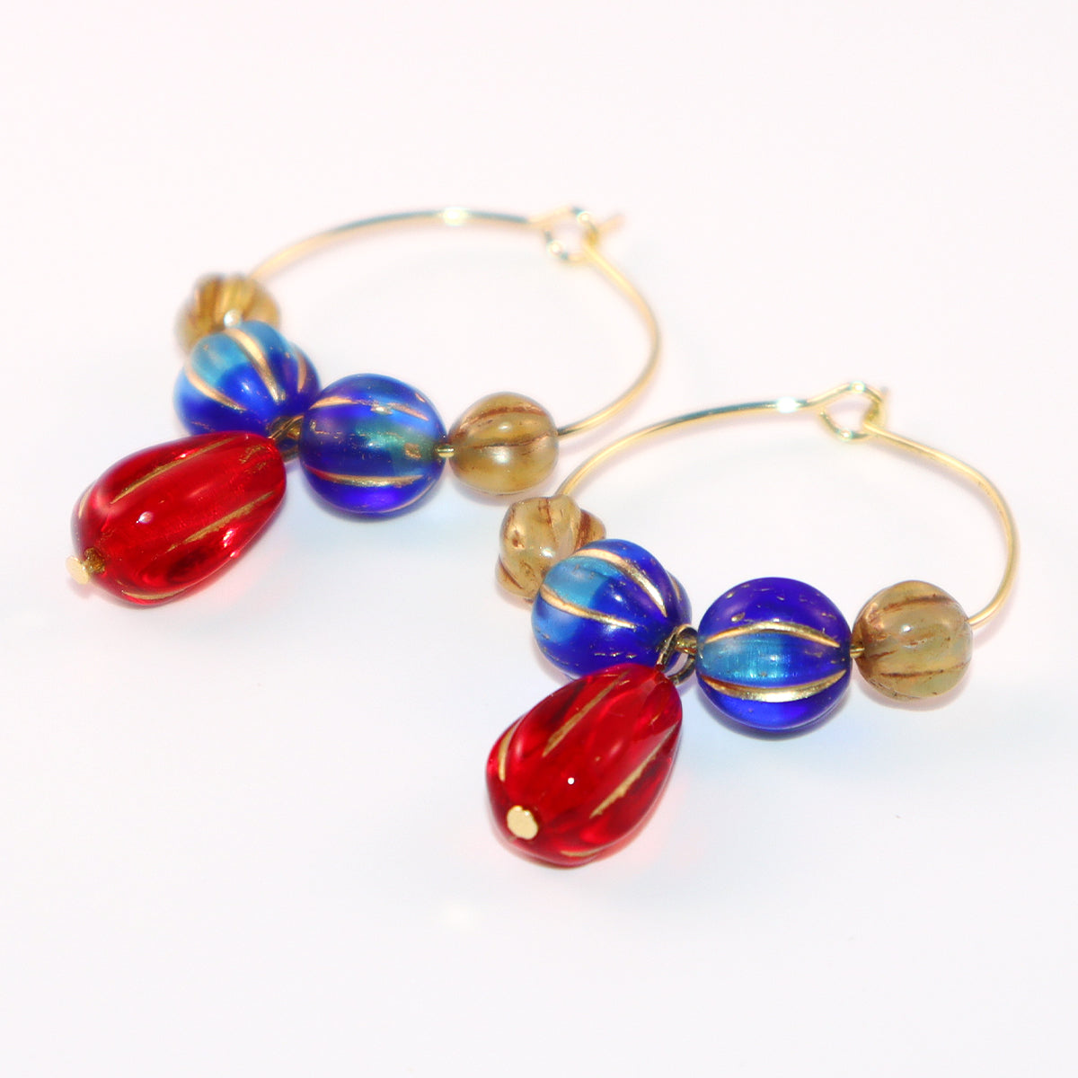 Red Pendant Beaded Hoop Earrings – Blue and Brown Beads
