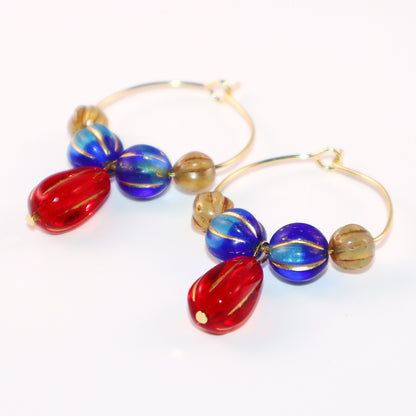 Red Pendant Beaded Hoop Earrings – Blue and Brown Beads