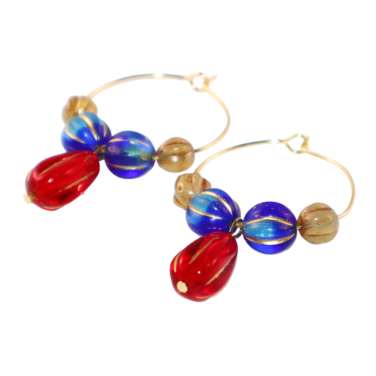 Red Pendant Beaded Hoop Earrings – Blue and Brown Beads