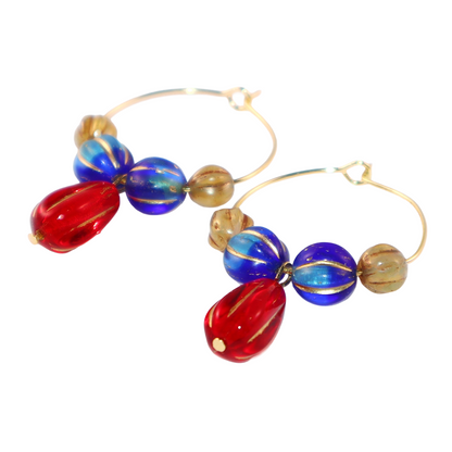 Red Pendant Beaded Hoop Earrings – Blue and Brown Beads