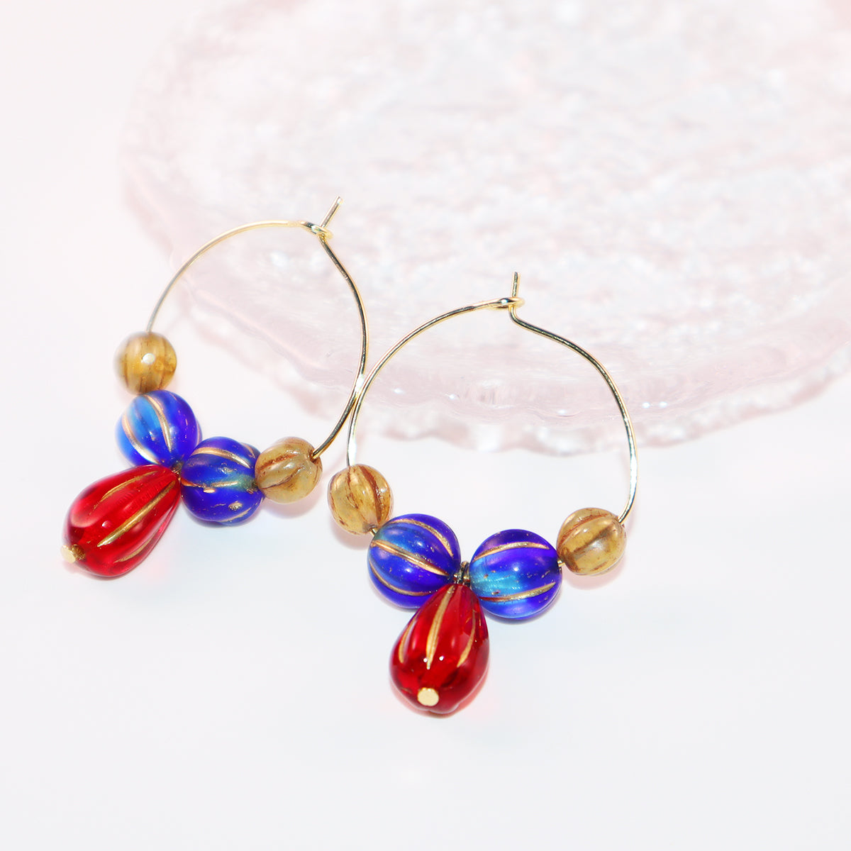 Red Pendant Beaded Hoop Earrings – Blue and Brown Beads