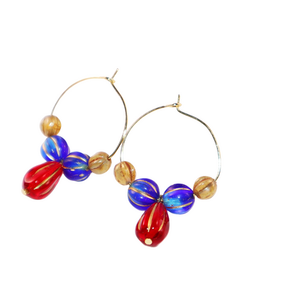Red Pendant Beaded Hoop Earrings – Blue and Brown Beads
