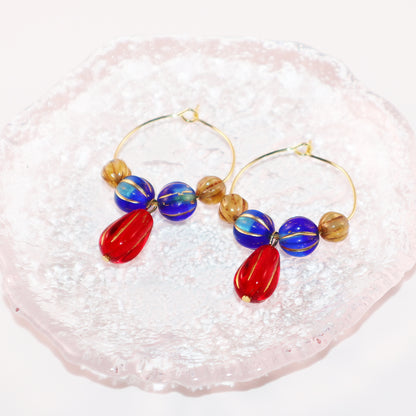 Red Pendant Beaded Hoop Earrings – Blue and Brown Beads