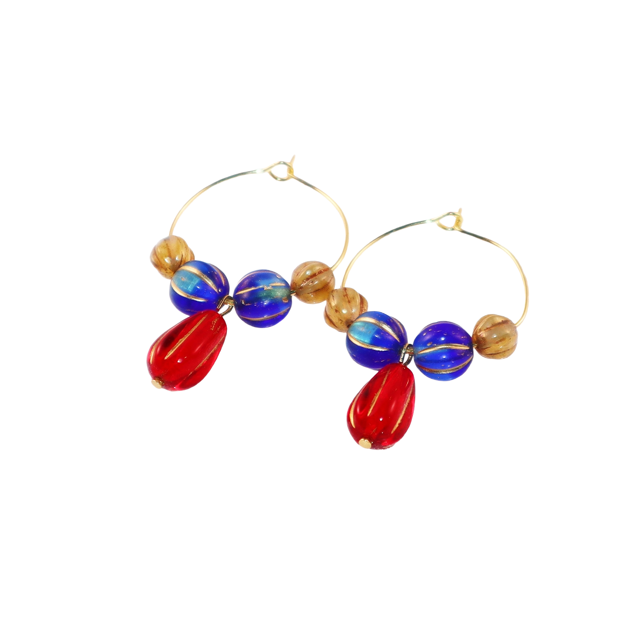 Red Pendant Beaded Hoop Earrings – Blue and Brown Beads