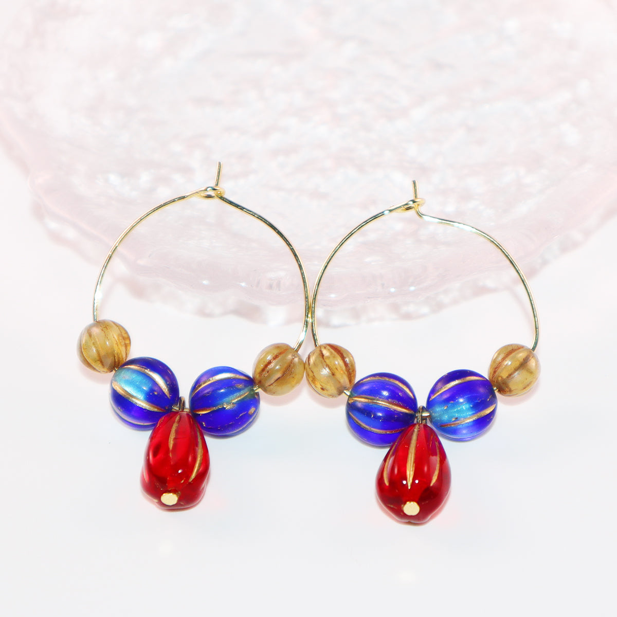Red Pendant Beaded Hoop Earrings – Blue and Brown Beads