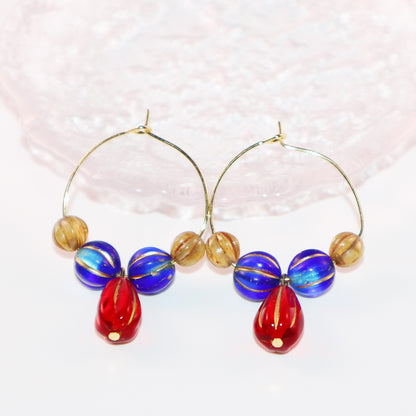 Red Pendant Beaded Hoop Earrings – Blue and Brown Beads