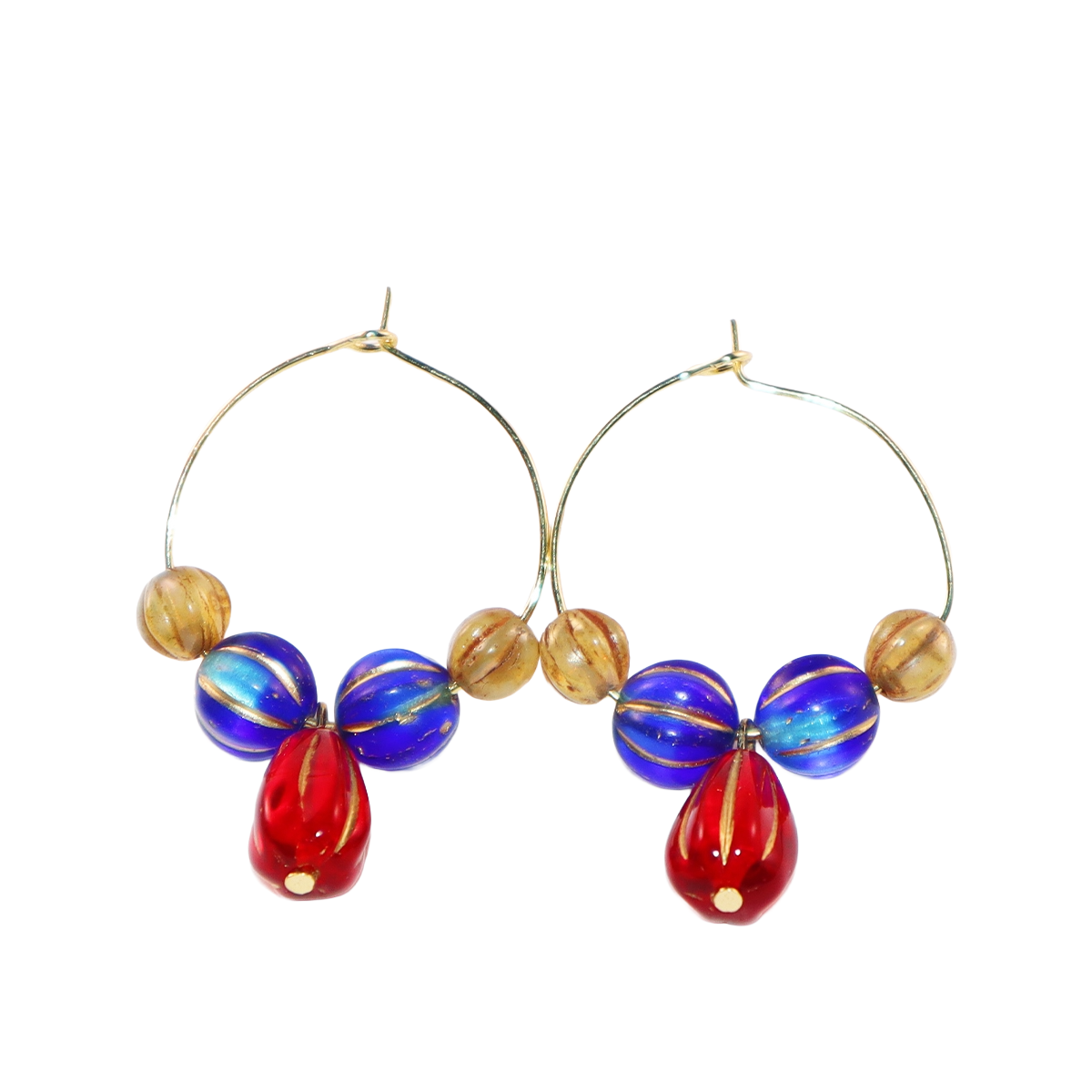 Red Pendant Beaded Hoop Earrings – Blue and Brown Beads