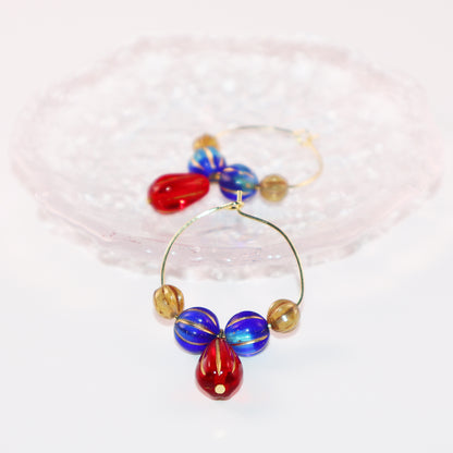Red Pendant Beaded Hoop Earrings – Blue and Brown Beads