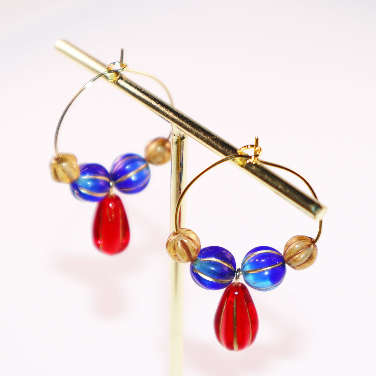 Red Pendant Beaded Hoop Earrings – Blue and Brown Beads