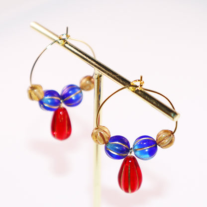Red Pendant Beaded Hoop Earrings – Blue and Brown Beads