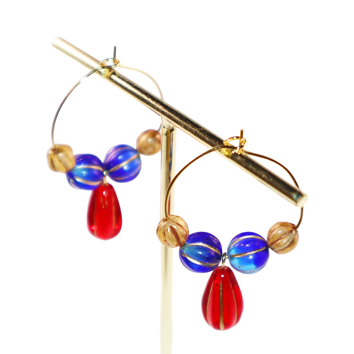Red Pendant Beaded Hoop Earrings – Blue and Brown Beads