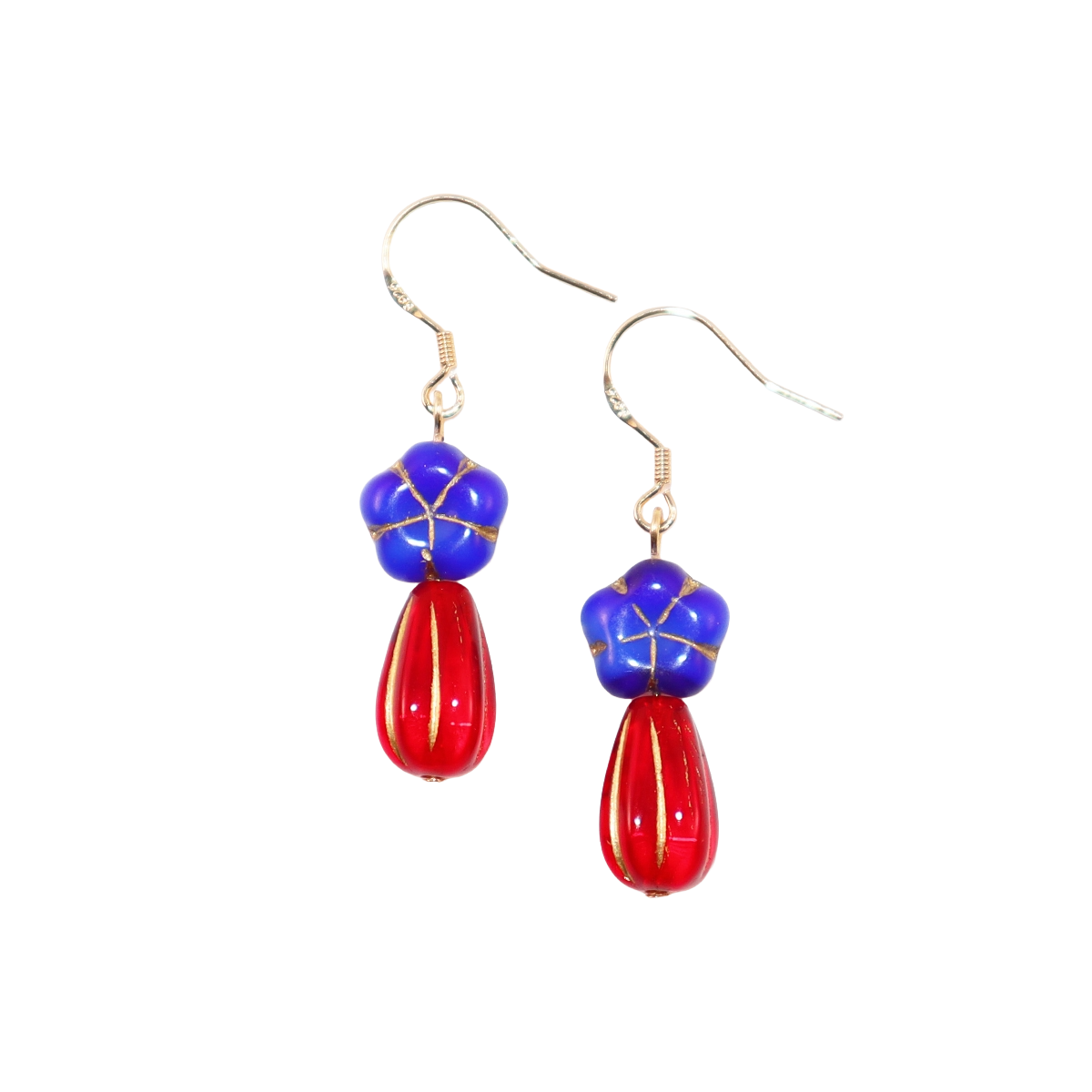 Royal Blue Flower Beaded Earrings – Royal Blue and Red Beads