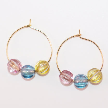 Three-Tone Bead Hoop Earrings – Misty Pink, Blue, Yellow