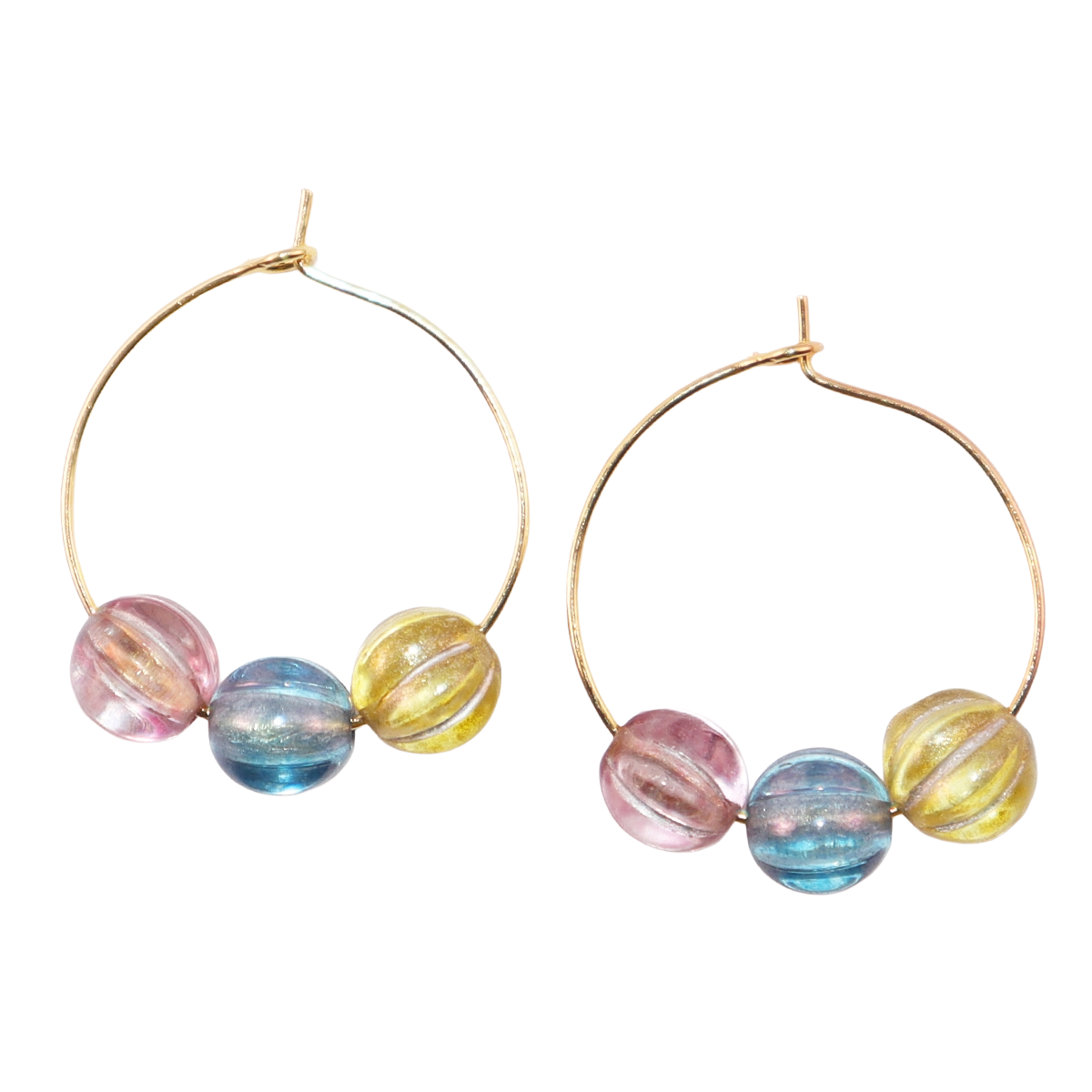 Three-Tone Bead Hoop Earrings – Misty Pink, Blue, Yellow