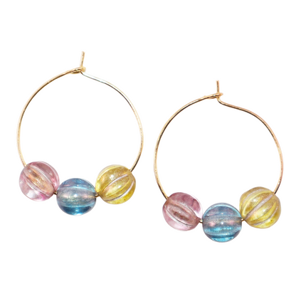 Three-Tone Bead Hoop Earrings – Misty Pink, Blue, Yellow