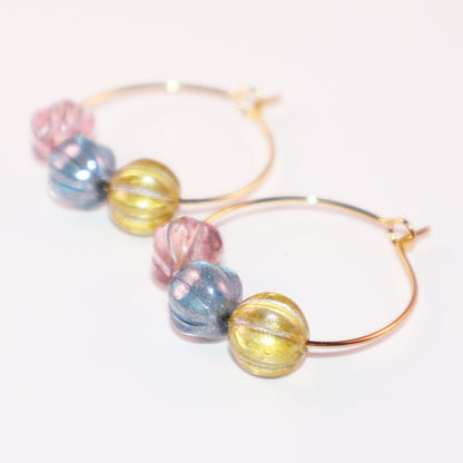Three-Tone Bead Hoop Earrings – Misty Pink, Blue, Yellow