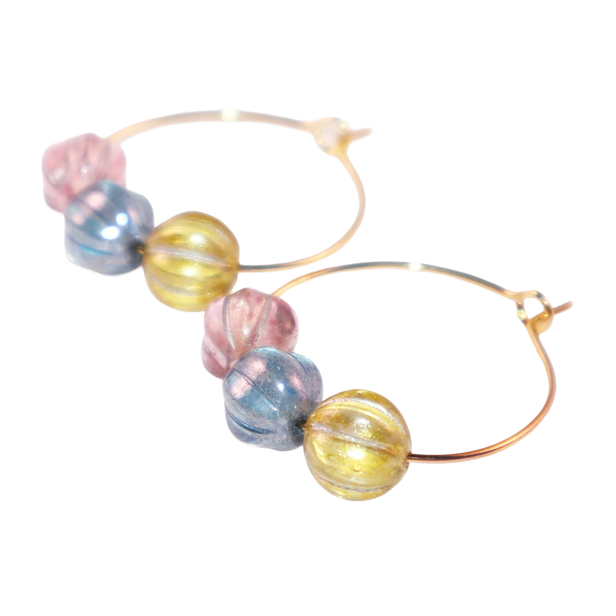 Three-Tone Bead Hoop Earrings – Misty Pink, Blue, Yellow