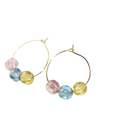 Three-Tone Bead Hoop Earrings – Misty Pink, Blue, Yellow
