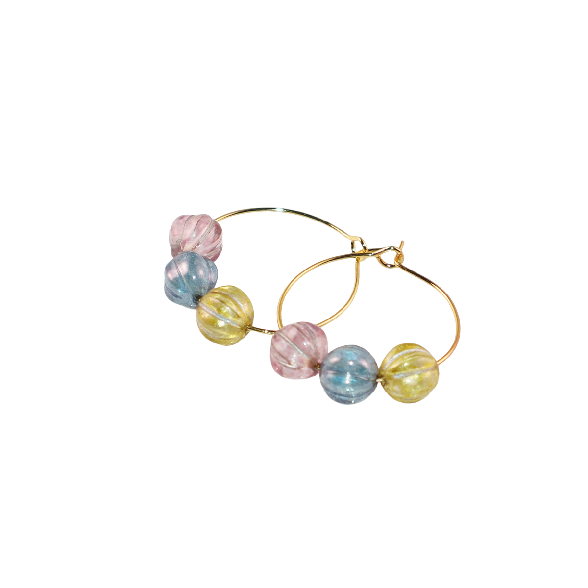 Three-Tone Bead Hoop Earrings – Misty Pink, Blue, Yellow