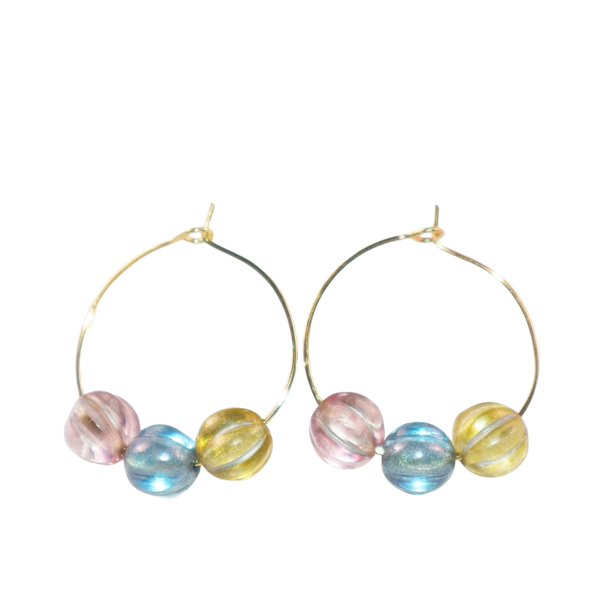 Three-Tone Bead Hoop Earrings – Misty Pink, Blue, Yellow