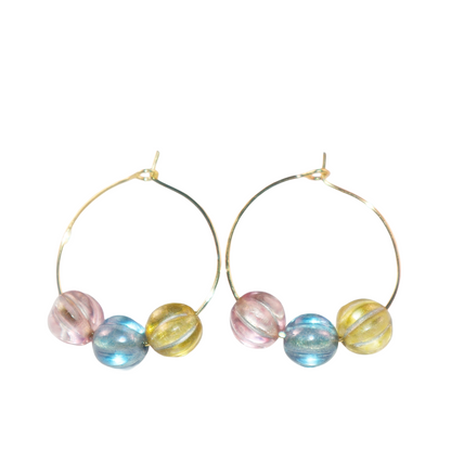 Three-Tone Bead Hoop Earrings – Misty Pink, Blue, Yellow
