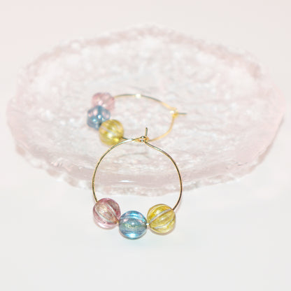 Three-Tone Bead Hoop Earrings – Misty Pink, Blue, Yellow