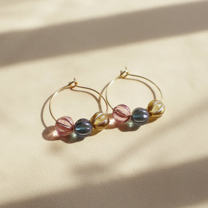 Three-Tone Bead Hoop Earrings – Misty Pink, Blue, Yellow