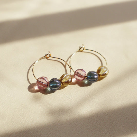 Three-Tone Bead Hoop Earrings – Misty Pink, Blue, Yellow