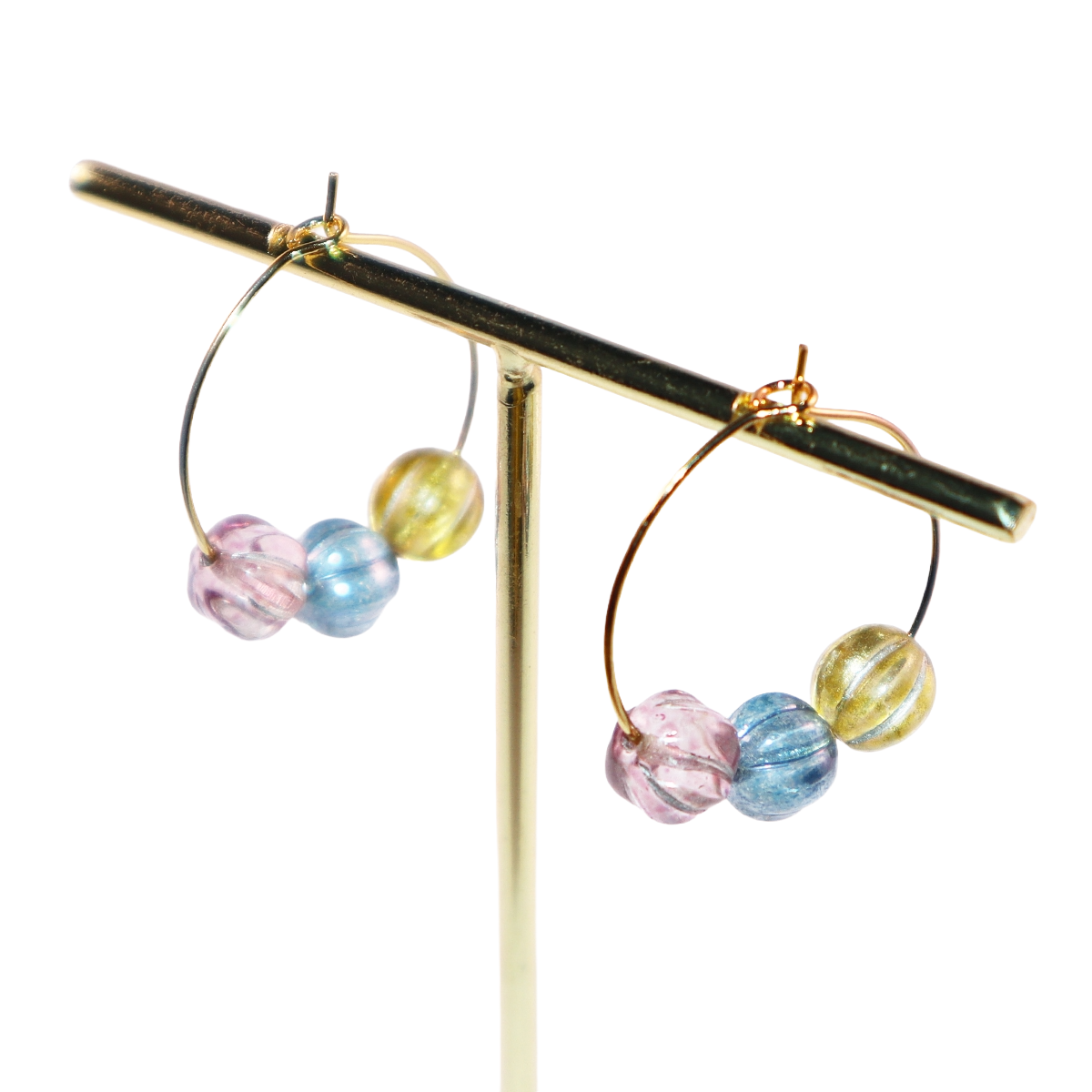 Three-Tone Bead Hoop Earrings – Misty Pink, Blue, Yellow