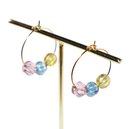 Three-Tone Bead Hoop Earrings – Misty Pink, Blue, Yellow