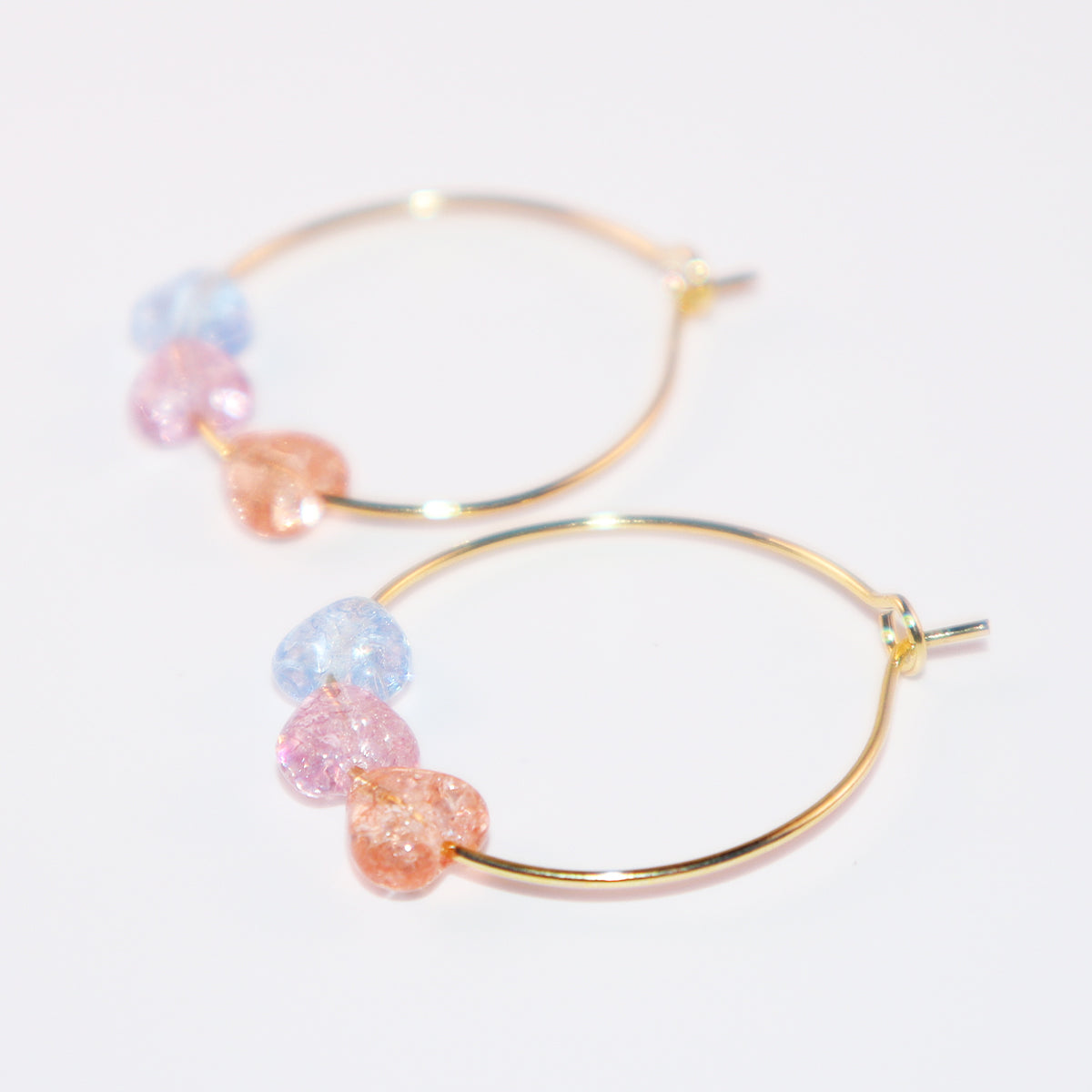 Three-Tone Heart Hoop Earrings – Pink, Blue, Orange Beads