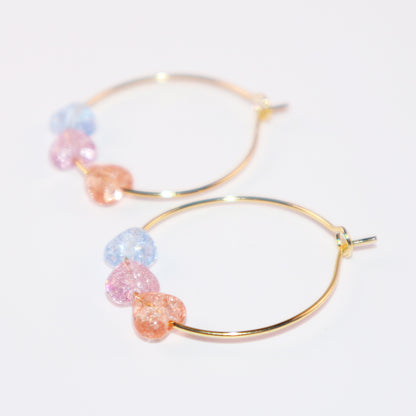 Three-Tone Heart Hoop Earrings – Pink, Blue, Orange Beads