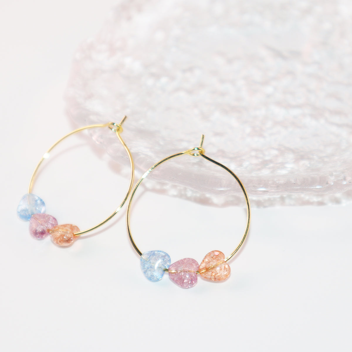 Three-Tone Heart Hoop Earrings – Pink, Blue, Orange Beads