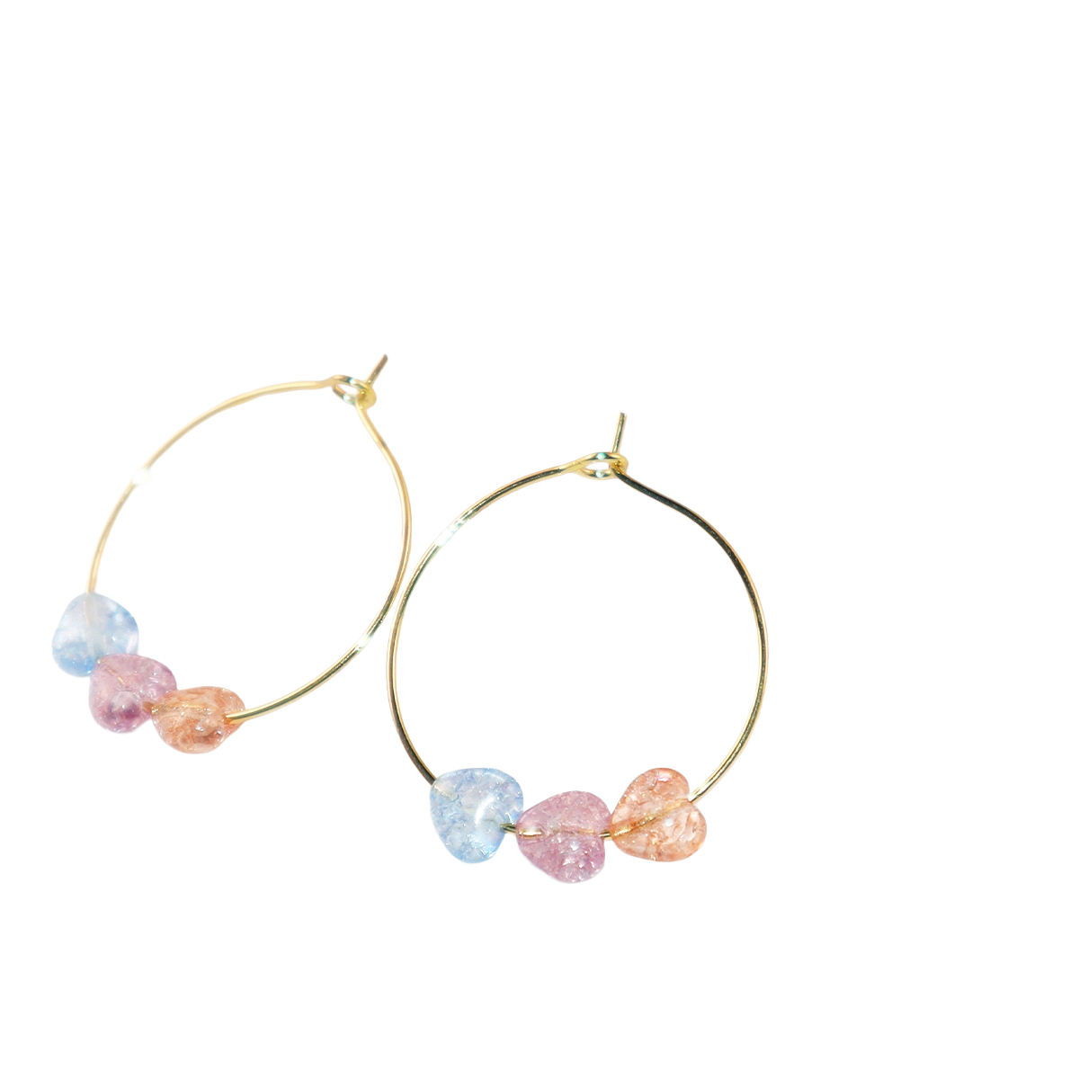 Three-Tone Heart Hoop Earrings – Pink, Blue, Orange Beads
