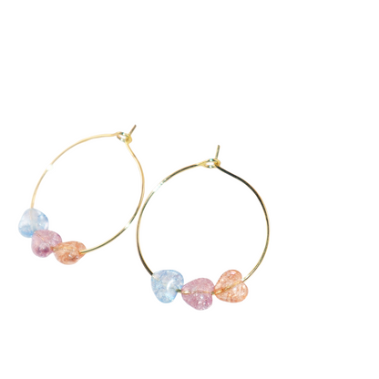 Three-Tone Heart Hoop Earrings – Pink, Blue, Orange Beads
