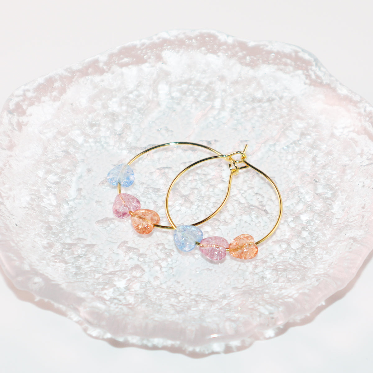 Three-Tone Heart Hoop Earrings – Pink, Blue, Orange Beads