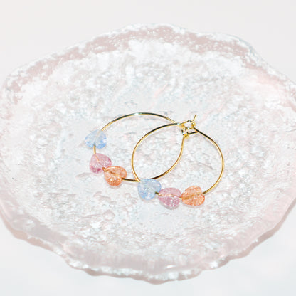 Three-Tone Heart Hoop Earrings – Pink, Blue, Orange Beads