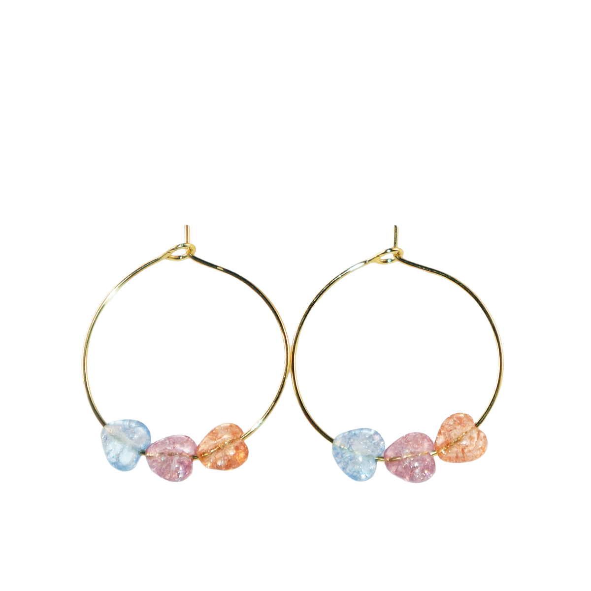 Three-Tone Heart Hoop Earrings – Pink, Blue, Orange Beads