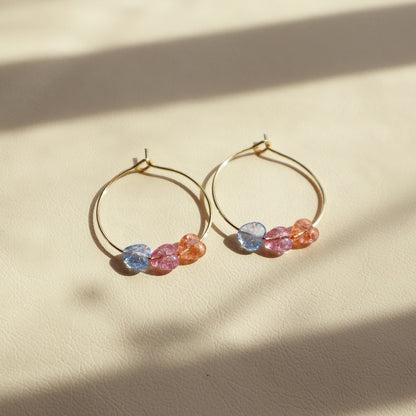 Three-Tone Heart Hoop Earrings – Pink, Blue, Orange Beads