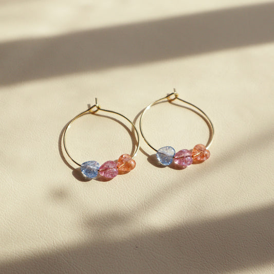 Three-Tone Heart Hoop Earrings – Pink, Blue, Orange Beads