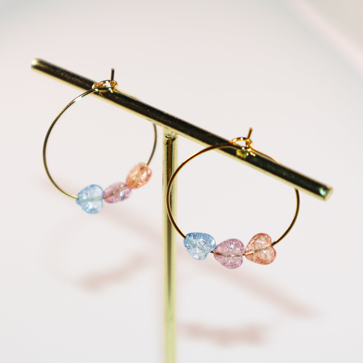 Three-Tone Heart Hoop Earrings – Pink, Blue, Orange Beads