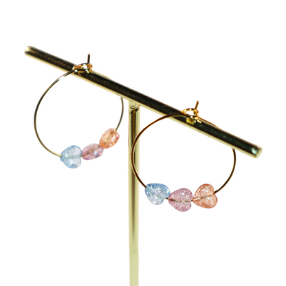 Three-Tone Heart Hoop Earrings – Pink, Blue, Orange Beads