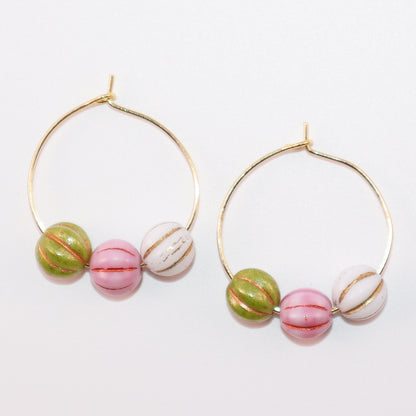 Trio Color Bead Hoop Earrings – Green, Pink, and White Beads