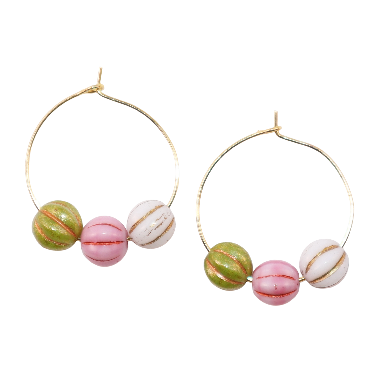 Trio Color Bead Hoop Earrings – Green, Pink, and White Beads