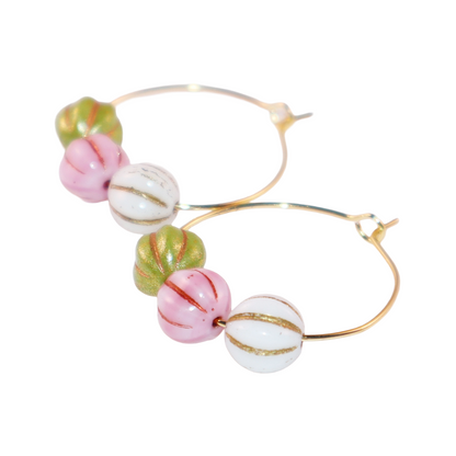 Trio Color Bead Hoop Earrings – Green, Pink, and White Beads